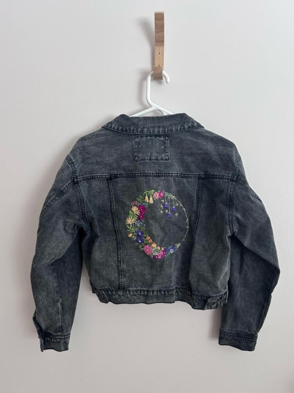 Black Washed Denim Jacket with Floral Embroidery